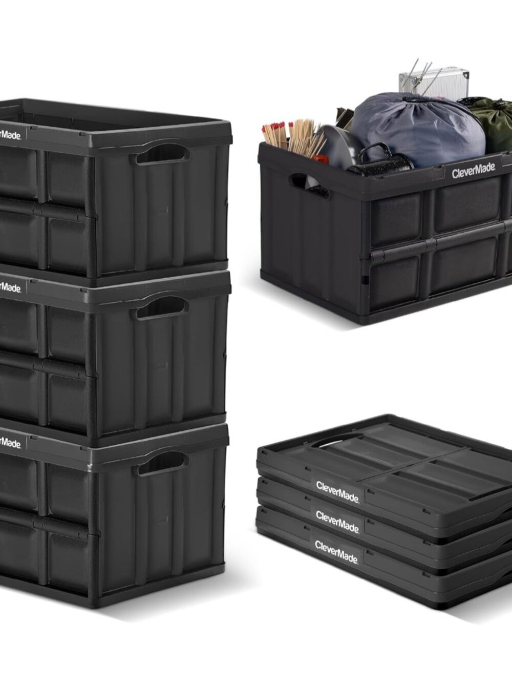 Collapsible Storage Bins, 62L 3 Pack, 100 lb Stackable, Obsidian